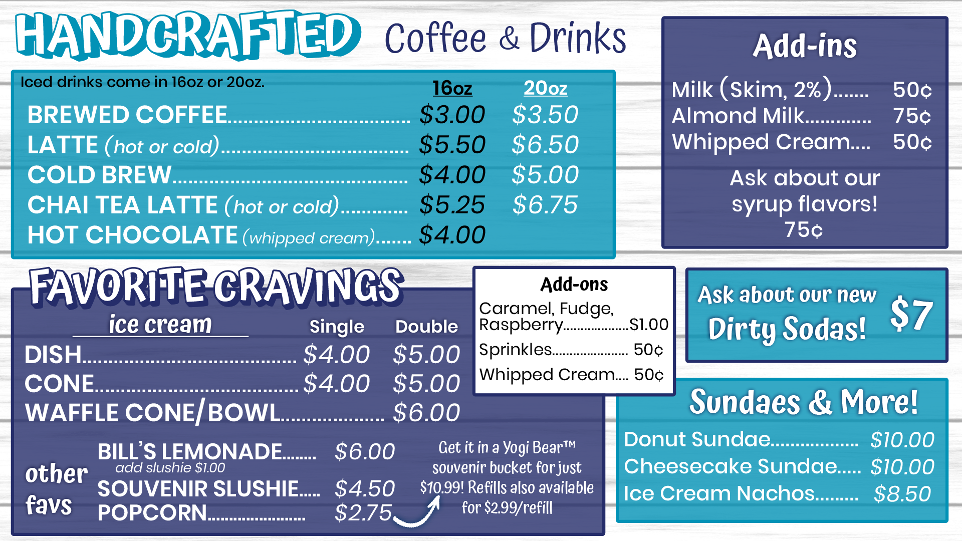 Ice Cream Shoppe & Espresso Bar Menu in Ranger Station™ at Jellystone Park™ Caledonia.